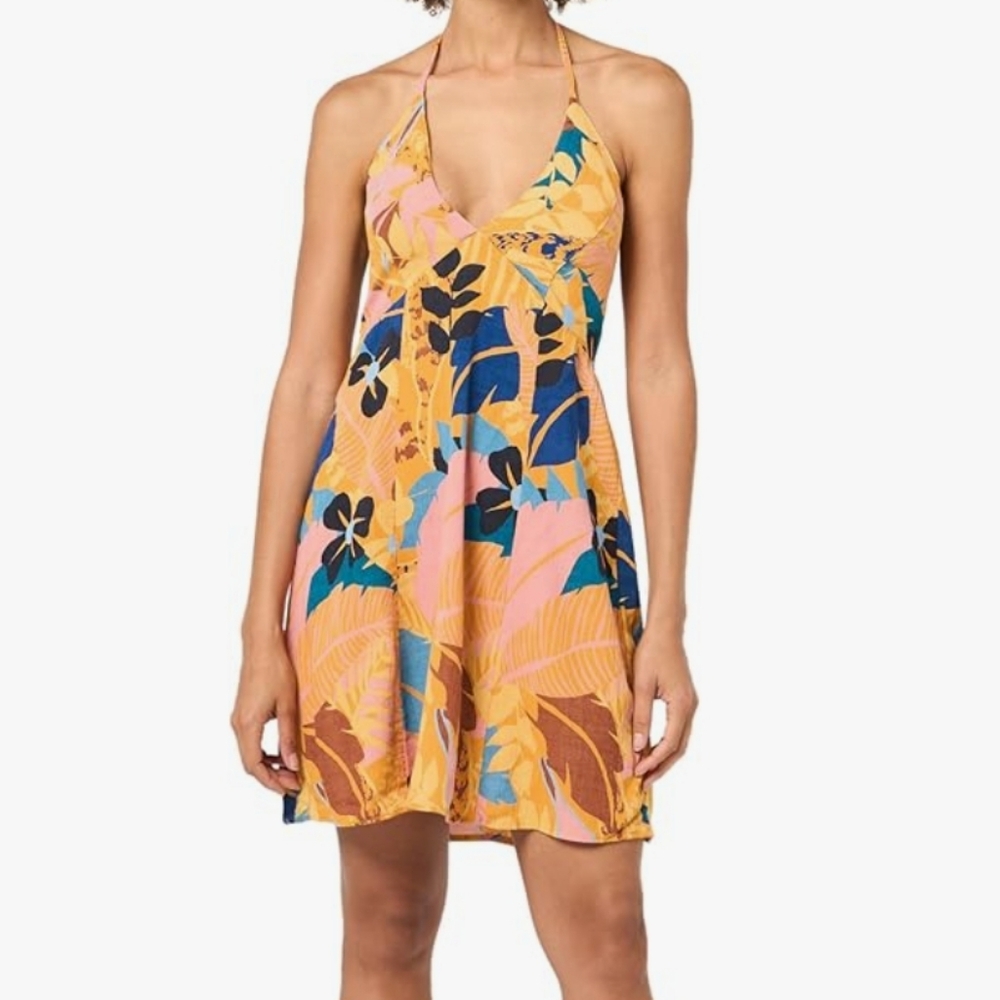 ANGIE v-neck mini halter dress, bright/bold floral, orange/gold size M